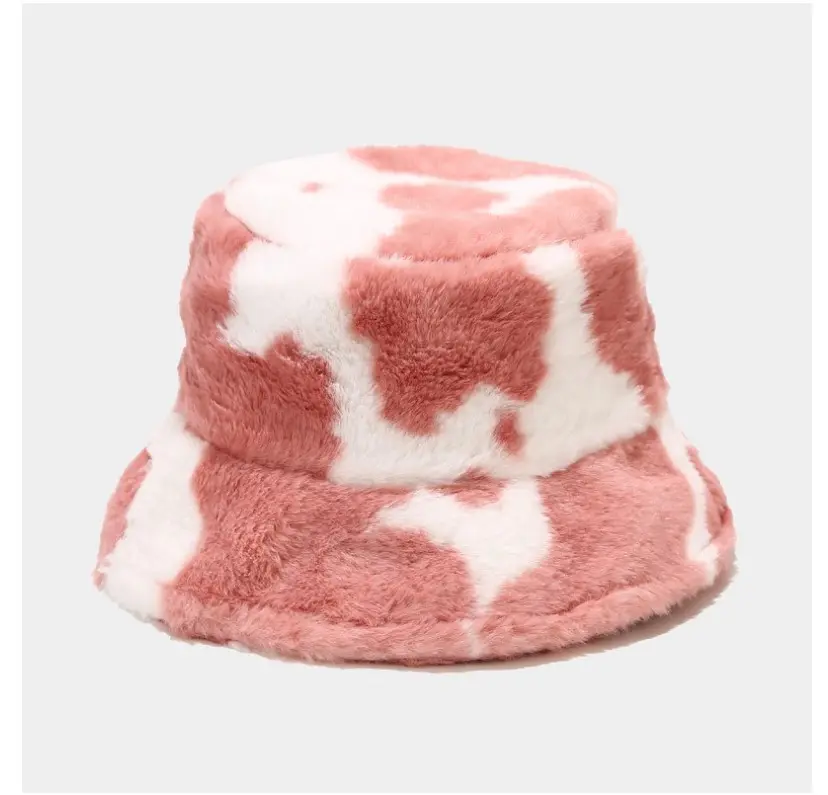 Wholesaler Custom Logo Designer Female Soft Girl Faux Rabbit Fur Fisherman Hat Autumn Winter New Cow Pattern Warm Bucket Hat