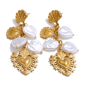 Jinyune oro 3194 placcato in PVD in acciaio inossidabile gioielli di fascino manuale da donna in francia perle artificiali cuore amore orecchini pendenti - Product Image 1