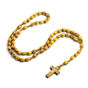 Collier de prière catholique en perles de bois ovales, pendentif croix crucifix de <span class=keywords><strong>Christ</strong></span>, collier pour hommes et femmes, bijoux religieux musulmans - Product Image 1