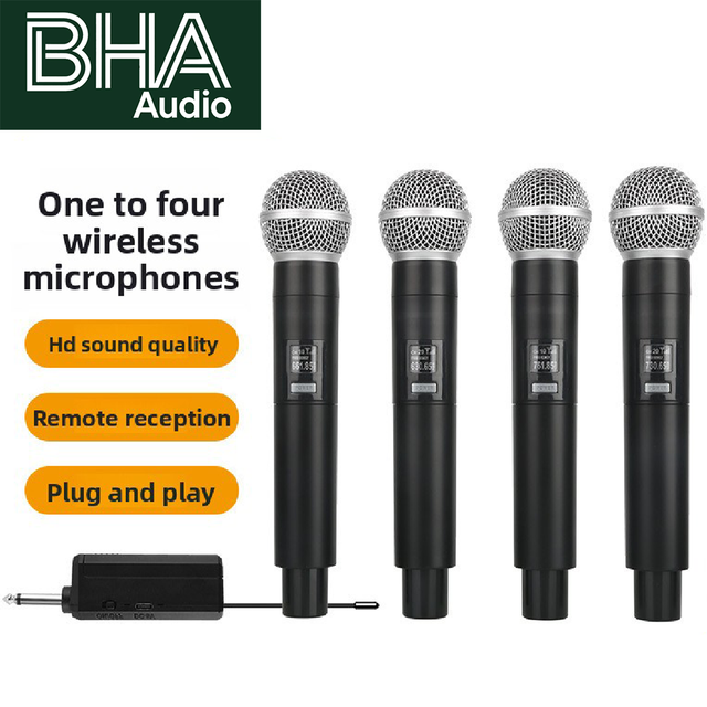 BHA YL-09 4 Channel Universal Wireless Microphone Rechargeable Dynamic Handheld Mic Professional Karaoke Speech Stage PA System