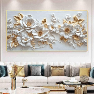 Elegante Quadro Moderno con Fiori Bianchi e Beige e Foglie Dorate, Dipinto Murale in Cristallo, Porcellana e <span class=keywords><strong>Vetro</strong></span> con Diamanti - Product Image 6