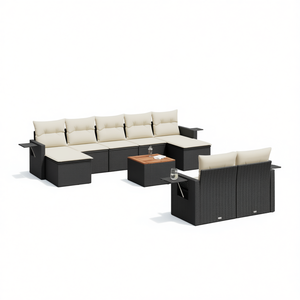 Ensemble de canapés de jardin contemporains noirs avec coussins crème en rotin PE, design imperméable - Product Image 1