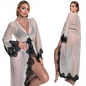 Sfy-y5125 2025 New Sexy Woman Roba Seduction See-through Mesh Maxi Long Kimono Bayhrobe Contrast Black Lace Pajama Lingerie - Product Image 1