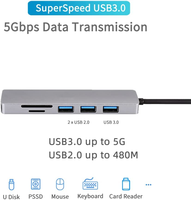 Hub de estación de acoplamiento 6 en 1 USB C con adaptador OTG HDTVI USB SD/lector de tarjetas Micro USB 3,0 adaptador multipuerto para acceso a datos