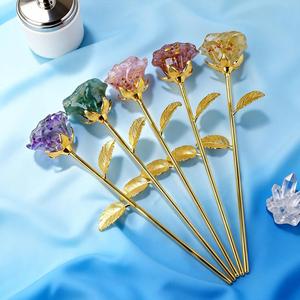 Natural Crystal Chip Dried Flower Rose <b>Ornament</b> - Handmade Resin Craft with Gold Stem, Romantic Wedding Decor & Valentine's Day - Product Image 4