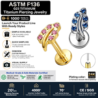 Clous de labret sans filetage en titane G23 ASTM F136, plaqués or 24K PVD, bijoux de piercing corporel pour conque, hélix, tragus