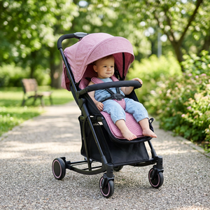 Cochecito de Bebé 3 en 1 Plegable con un Clic, Cochecito de Lino Plegable Bidireccional en Rosa para Niños - Product Image 1