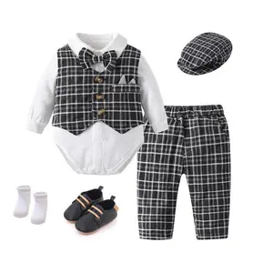 Goede Verkoop Lente Herfst Lange Mouw Geruit Vest Kinderen Casual Plaid Jongens Kleding Sets Voor 1 Tot 2T