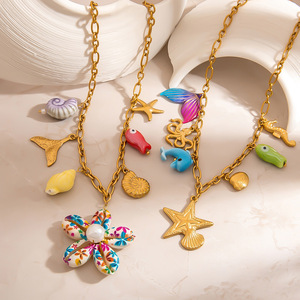 สร้อยคอสแตนเลสสตีลธีมมหาสมุทร จี้สีทอง 18K ประดับด้วยปลาดาวและเปลือกหอย สำหรับผู้หญิง ของขวัญเครื่องประดับ - Product Image 2