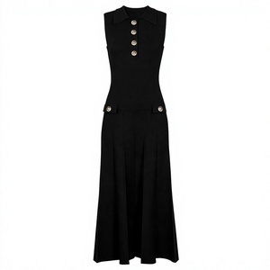 <b>Black</b> Sleeveless Polo Neck Maxi Sweater <b>Dress</b> with <b>Button</b> Detail A-Line Silhouette Minimalist Style Summer Viscose Breathable - Product Image 4