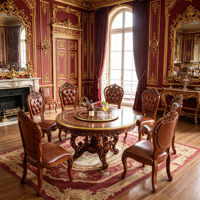 Ensemble de table à manger ronde en bois massif de style vintage européen avec plateau tournant et chaises en cuir PU sculptées à la main, mobilier de salle à manger en gros