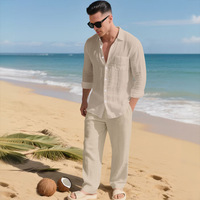 Ensemble décontracté de plage en lin pour homme : chemise ample à revers et pantalon long – Respirant, doux, confortable, tenue de loisirs polyvalente