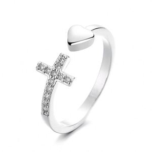 Anillo de boda ajustable con cruz cristiana chapado en platino para mujer, anillo abierto con forma de corazón y diamantes, venta al por mayor - Product Image 5