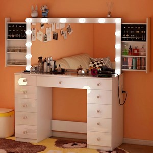 Professional <strong>Vintage</strong> Wood Vanity Desk for Makeup with Glass Top, <strong>Dressing</strong> <strong>Table</strong> with Mirror Light and Bluetooth for Bedroom - Product Image 4