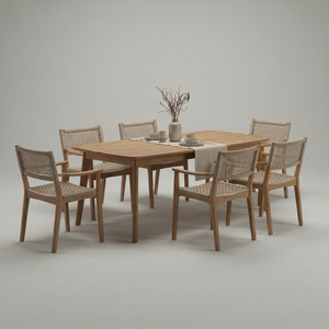 Modern Scandinavian 6 Piece Wooden <b>Dining</b> <b>Set</b> with Slat Back Woven Chairs and Rectangular Table for Home <b>Dining</b> Room Furniture - Product Image 1