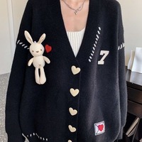 Nouveau design – Cardigan d'hiver en acrylique anti-plis pour femme, motif lapin, style preppy, coupe ample, manteau extérieur à motif de dessin animé