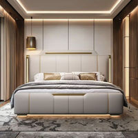 Cama Doble de Lujo Moderna de Alta Gama con Estructura de Madera, Tapizada en Tela Suave, con Luz LED, Sofá Multifuncional para Bodas