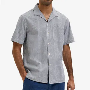 Özel Logo donanma küba yaka Shirts100 % 100 pamuk ince kısa kollu giyim düğmesi aşağı çizgili yüksek kaliteli gömlek erkekler için