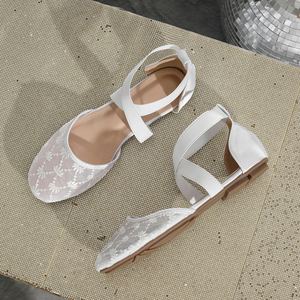 Chaussures plates de ballet pour femmes en maille brodée florale blanche, avec bride de cheville élastique réglable et bout fermé – Tendance mode du <span class=keywords><strong>fournisseur</strong></span> chinois - Product Image 5