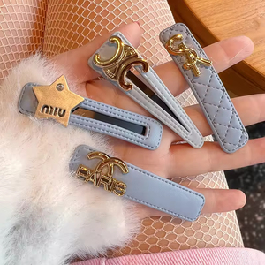 INS Simple Diamond Check Leather Side with Metallic Star <b>Letter</b> Hairpin Side Fringe One-line Clip - Product Image 1