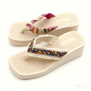 Womens Bohemian Style Wedge <b>Flip</b> <b>Flops</b> Colorful Beaded Woven Fabric Straps Comfortable Stylish Fashion Trend Eco-Friendly Spring - Product Image 1