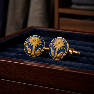 Boutons de manchette en laiton pour homme, motif floral en émail bleu - Bijoux formels faits à la main pour mariage, anniversaire, fiançailles, fête, cadeau (Rajasthan) - Product Image 6
