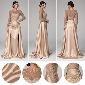 Robe longue maxi drapée en tulle doré champagne à manches longues, ornée de perles et de strass, avec décolleté cœur - Fournisseur vérifié de Chine - Product Image 3