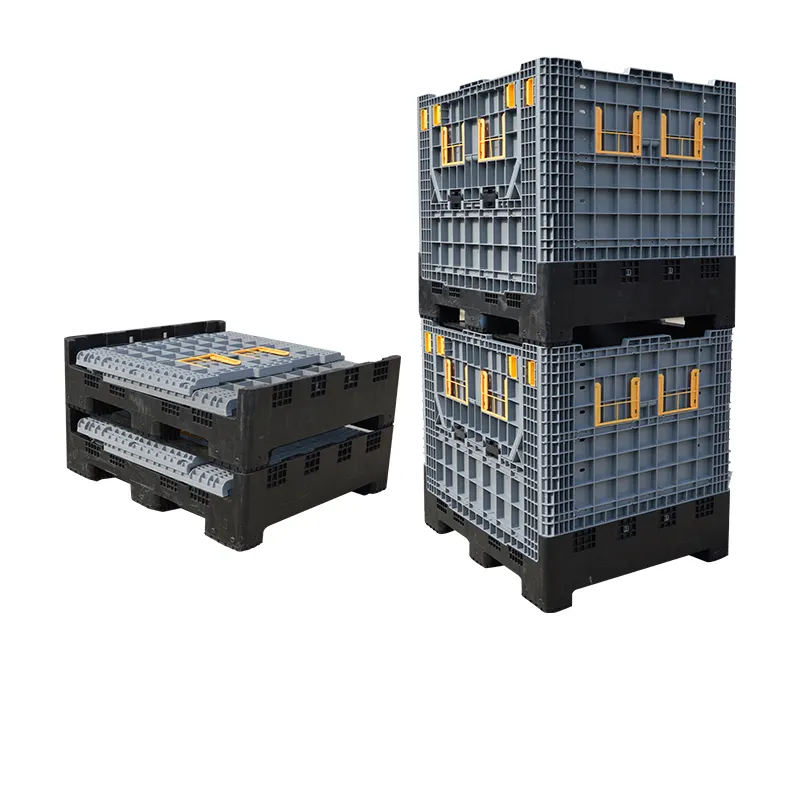Collapsible Pallet Box with Wheel Stackable Plastic 700L PE 100 Liter Plastic Storage Box ISO Folding Solid Box 4 Way Entry 1t