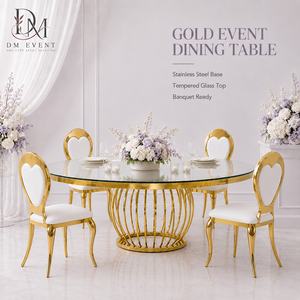 Table de mariage ovale de luxe personnalisée en acier inoxydable doré avec base en cage et plateau en verre trempé miroir pour banquets - Product Image 1