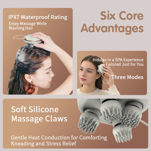 Handheld Rechargeable <strong>Mini</strong> Scalp Head <strong>Massager</strong> EMS Red Light Heat Waterproof 4 Silicone Massage Heads Brush - Product Image 3