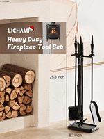 Ensemble de 5 outils de cheminée gothiques en fer forgé noir pour foyer intérieur/extérieur avec pioche, pinces, pelle, brosse et support