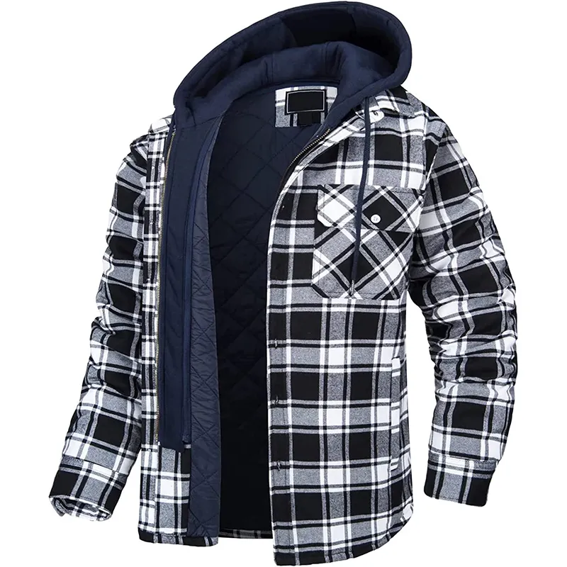 Men's Flannel Shirt Jacket with Hood Long Sleeve Quilted Lined Plaid Coat Button Thick Hoodie Outwear Winter