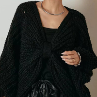 En gros Poncho en tricot épais uni pour femme, style cape, avec nœud frontal, manches chauve-souris, chaud pour l'hiver, cache-épaules, cardigan