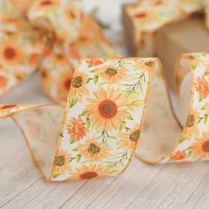 Custom Spring Sunflower Summer Flower Flaxen Dots Garland Wired Edge Ribbon For Wreath DIY Crafting Gift Wrapping Party Decor