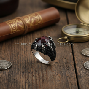 925K Sterling Silver Eagle Claw Red Stone <b>Men</b> <b>Ring</b> - Product Image 2
