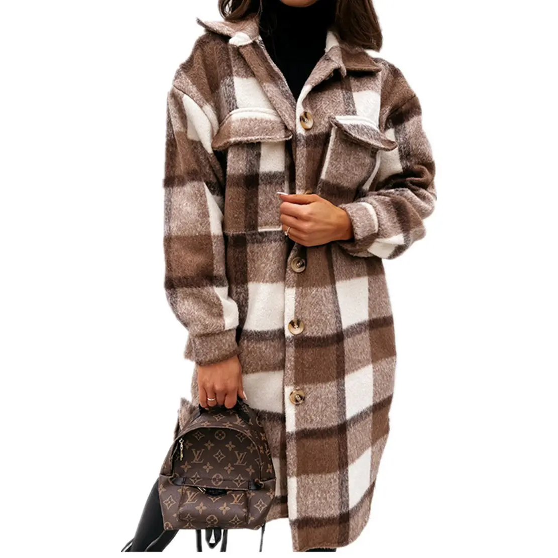 XS 사이즈 인쇄 격자 무늬 컬러 여성 카디건 긴 코트 터틀넥 따뜻한 코트 긴 코트 두꺼운 자켓 2022 탑스 외부