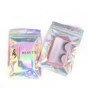 Custom design logo print metallic holographic clear zipper bag for lipgloss pouches
