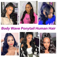 Extensions de queue de cheval Body Wave Remy, 100% cheveux humains brésiliens, noir naturel, ondulés, à clipser et avec cordon de serrage, 26 pouces