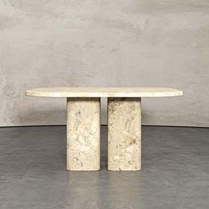 Tavolo da Pranzo in Marmo Beige Quadrato con Piano Arrotondato e <span class=keywords><strong>Gambe</strong></span> Cilindriche Spesse <span class=keywords><strong>per</strong></span> Ristorante e Casa - Product Image 1