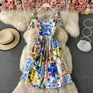 2022 HOT Summer Runway Boho Dress women's Bow Spaghetti Strap Backless Mini abito con stampa floreale in porcellana blu e bianca