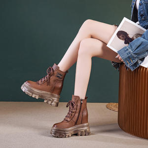 Cuero genuino para botas <span class=keywords><strong>Mujer</strong></span> Otoño Invierno Nueva plataforma de aumento de altura pequeña Tacón de cuña Cremallera Suelas gruesas Super - Product Image 4