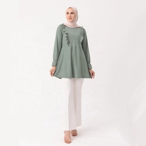 Blusa musulmana plissettata donna Malaysia tacchino elegante manica lunga girocollo tunica top camicetta - Product Image 4