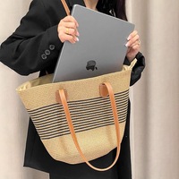 Bolso de Mano de Paja Moderno y Sencillo, Bolso Tote Grande Tejido a Mano para Mujer, Color Sólido, Cierre Abierto, Estilo Casual de Verano