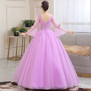 Purple Chiffon Ball Gown Scoop Neck Empire Waist Floral Print Long Evening Dress For Women - Product Image 4