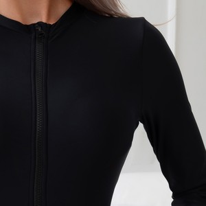 Women's High Elastic <b>Long</b> <b>Sleeve</b> Solid Color Zipper One Piece Swimwear Sports Bathing Suit Smlxl Black - Product Image 3