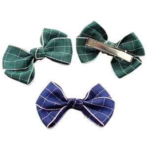 Korean Fashion Style Fabric Baby Girls Hair Clips Plaid Printing Two Bow Girls Emerald Green Cute Hair Accessories For Kids