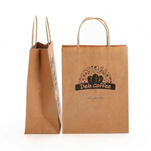 Sacs en papier kraft avec poignées, sacs à emporter pour cafés, sacs à emporter pour restaurants, logo de marque personnalisé, plusieurs options de couleurs disponibles. - Product Image 1