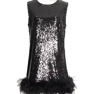 Высокая мода для женщин, осеннее платье с блестками для девочек, шикарное праздничное платье трапециевидной формы со страусиными перьями платье