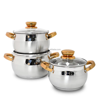 Ensemble de 6 ustensiles de cuisine en acier inoxydable, design minimaliste en verre, fond à induction, finition polie miroir, poignées dorées pour la maison et les restaurants