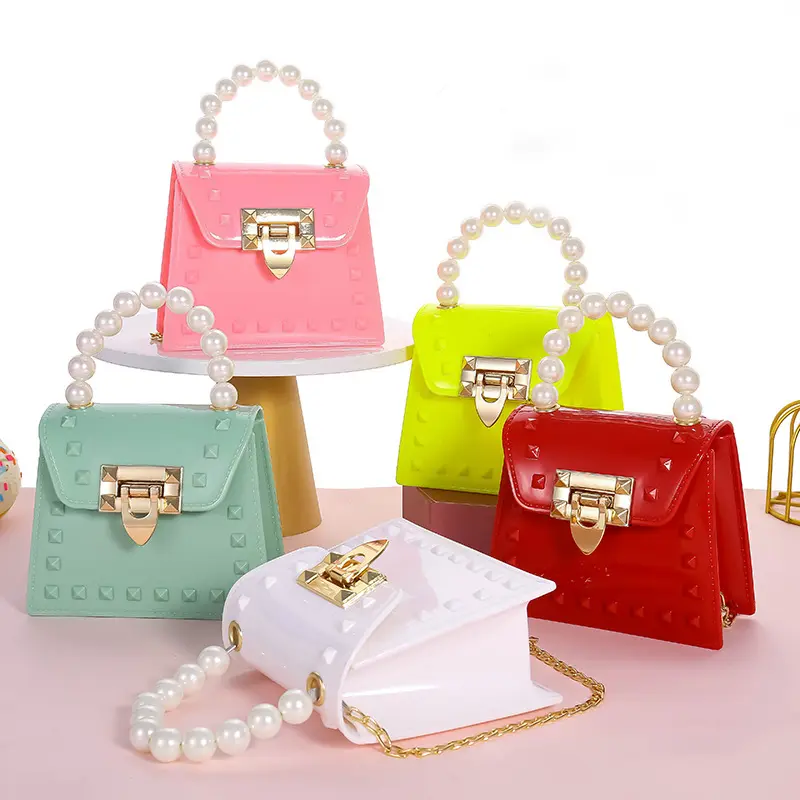 Customize cute girls small handbag with pearl handle metal chain fashion studded small ladies mini jelly bag